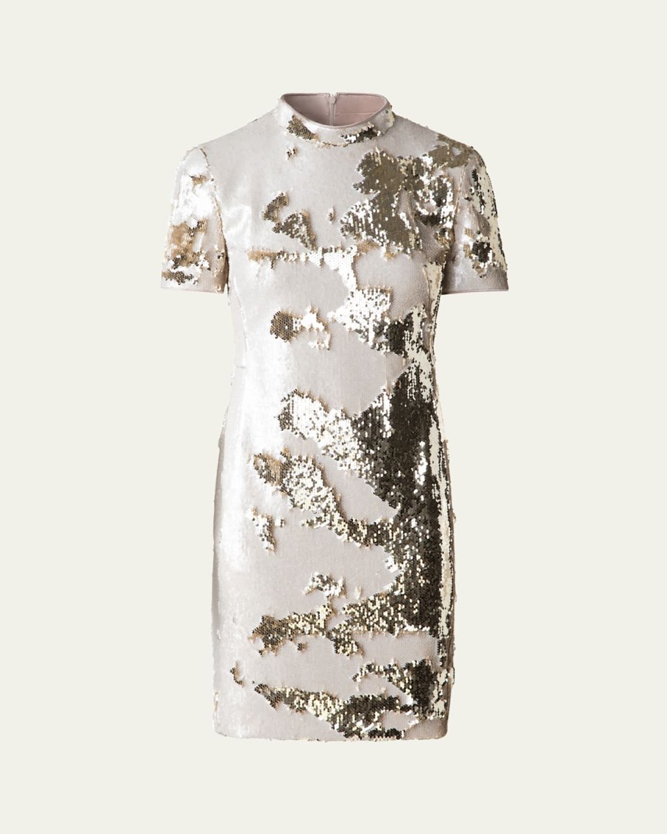 Mock-Neck Short-Sleeve Sequin Mini Dress